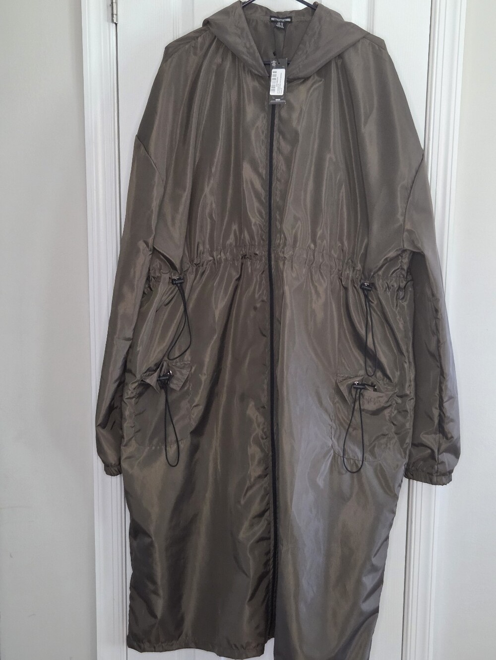 PLT Olive Green Toggle Detail Midi Windbreaker Hooded Jacket